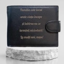 portofel personalizat negru piele naturala text nas
